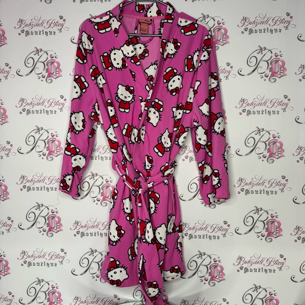 Hello kitty robe 2007 vintage dead stock fleece pink waist tie belt pockets